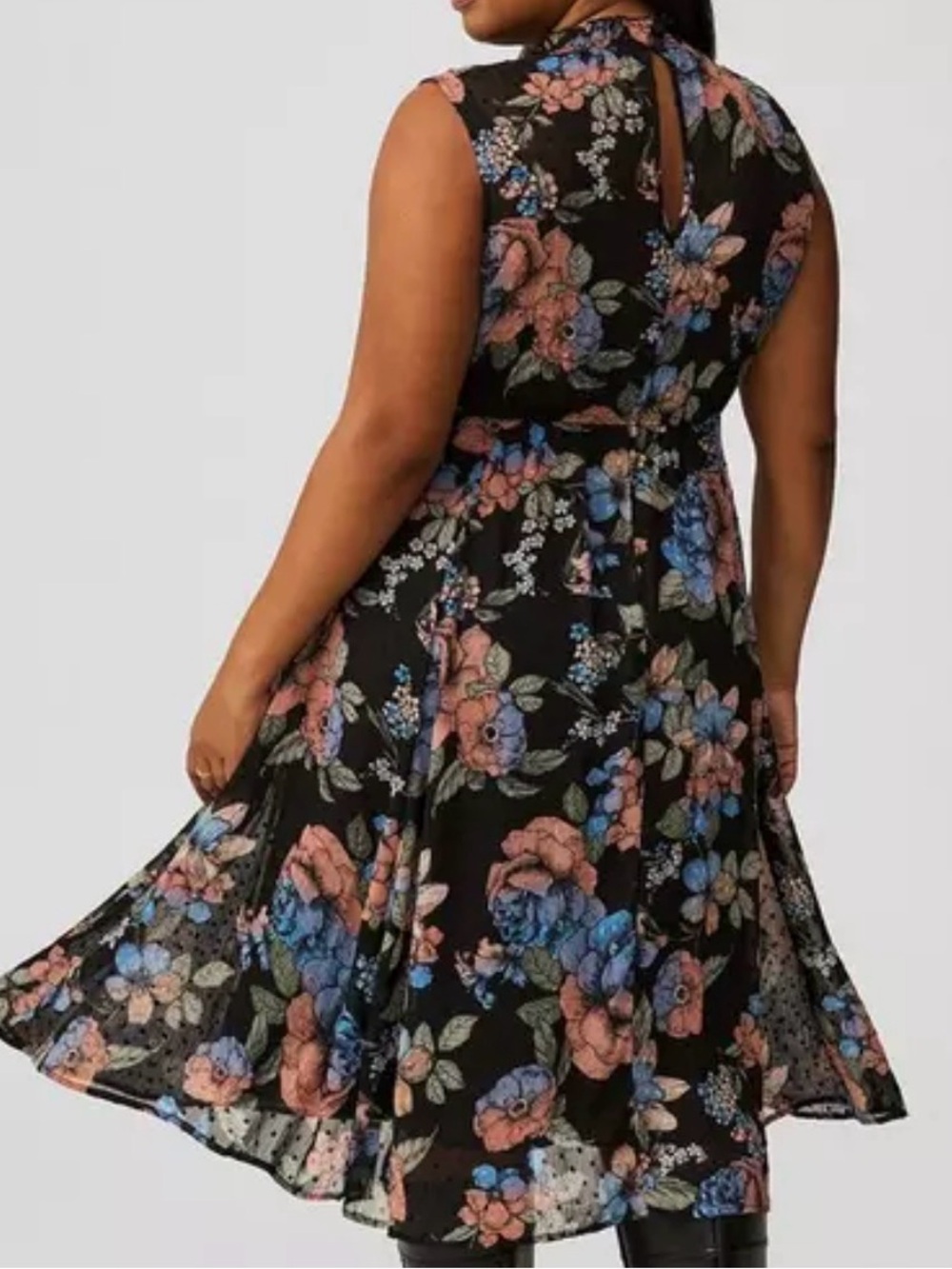 Black Floral Midi Dress with Blue and Peach Flowers - Picture 3 of 7